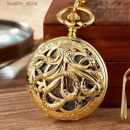 Pocket Watches Gold Octopus Mechanical Pocket Steampunk Skeleton Hand-wind Flip Clock Fob With Chain For Men Women Collection L240402