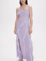 Casual Dresses Women Ruffle Spaghetti Strap Midi Y2k Sleeveless Low Cut Side Split Trim Tiered Bodycon Long Dress