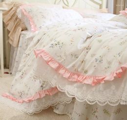 Bedding Sets Flowers Printing Bedclothes Duvet Cover Set Romantic Lace Ruffle Bedspread Bed Skirt Luxury Princess Cotton