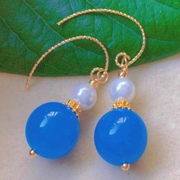 Dangle Earrings Fashion Blue Round Chalcedony White Pearl Bead Gold Ear Cuff Diamond Handmade Women Stud Gemstone Beaded Men
