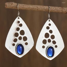 Dangle Earrings Ethnic Silver Color Blue Oval Stone For Women Tribal JewelryGeometric Hollow U Shaped Hook