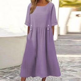 Casual Dresses Solid Colour Dress Stylish Women's A-line Midi With Pockets Button Decor Summer O Neck Short Sleeves For Women