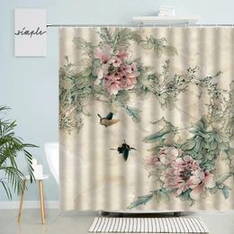 Shower Curtains Chinese Landscape Curtain Flowers Branches Plants Birds Animals Bathroom Wall Decor With Hook Waterproof Polyester Screen