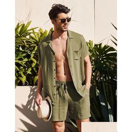 Men'S Tracksuits Mens Summer Cotton Linen Shirt Set Casual Outdoor 2-Piece Suit Andhome Clothes Breathable Beach Short Sleeve Sets Dr Dhquo