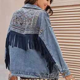 2023 Autumn New Bf Style Tassel Embroidery Streetwear Studded Fringe Trim High Quality Denim Womens Jackets