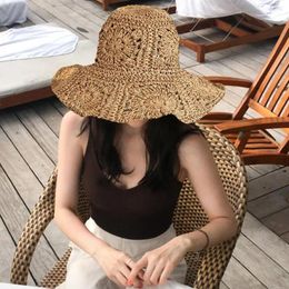 Wide Brim Hats Straw Hat Stylish Uv Protection Beach For Women Foldable Crochet Sun With Hollow Design Breathable