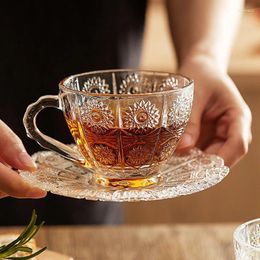 Wine Glasses American Retro Relief Glass Teacup Coffee Cup Saucer Set Luxury Small Exquisite High Appearance Level Turkish Cups