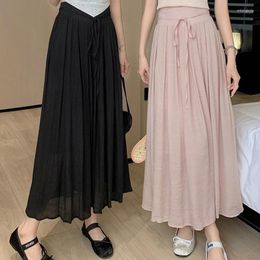 Skirts Pink Cotton Linen Pleated Midi Skirt For Women Spring Summer High Waist A-Line Casual Aesthetics Large Swing Beach Long