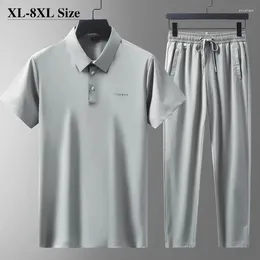 Men's Tracksuits Summer Polo Shirt Pants Two-piece Set Fashion Ice Silk Thin Elasticity Short Sleeve Casual Brand Clothes Plus Size 7XL 8XL