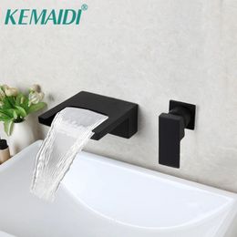 Bathroom Sink Faucets KEMAIDI Black Faucet Tap Cold Water Mixer 1 Handle Wall Mounted Solid Brass Waterfall Bathtub Basin