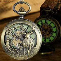 Pocket Watches Hollow Luminous Deer Skeleton Mechanical Pocket Double Open Cover Fob Chain Gift Men Steampunk Pendant Gifts Women L240402