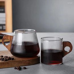 Wine Glasses Italian Hanging Ear Glass Coffee Cups Tea Wooden Handle Mug Juice Milk Water Household 280ml Transparent Stripe