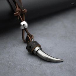 Pendant Necklaces Silver Colour Horn Necklace Men Brown Genuine Leather Jewellery Handmade Ethnic Charm Accessories Drop