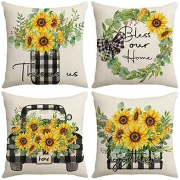 Linen Sunflower Print Cushion Cover Throw Pillow case 18X18 inches