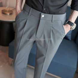 High Quality Solid Colour Suit Pants for Men Slim Fit Casual Business Dress Pants Elastic Waist Cropped Pants Social Streetwear