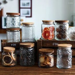 Storage Bottles Vintage Relief Engraving Glass Sealing Jars Wooden Lid Candy Box Bottle Seasoning Food Jar Container Gifts