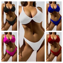 2024 New Womens Split Solid Colour Twisted Bow Solid Colour Bikini Swimsuit Womens Swimsuit