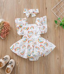 Retailwhole baby girl rainbow Printed romper with bow headband 2pcs set kids Lotus leaf sleeve onepiece onesies Jumpsuit chi8962510