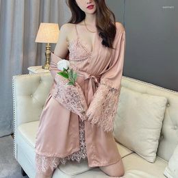 Home Clothing Sexy Lace 2pcs Robe Set Women Satin V-neck Nightgown Kimono Bathrobe Gown Sleep Suit Hollow Out Sleepwear Intimate Lingerie