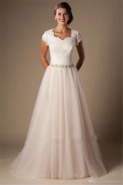 Dresses Ivory Champagne Lace Tulle Modest Wedding Dresses With Cap Sleeves Beaded Belt Aline Bridal Gowns Temple Wedding Gowns New Custom
