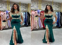 Hunter Green Mermaid Prom Dresses White Appliques Arabic Dubai Evening Gowns With tassel High Split Formal party Vestidos9656641