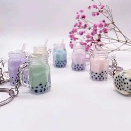 Keychains Lanyards New Simulation Milk Tea Bag Pendant Car Key Chain Best Gift Jewellery Q240403