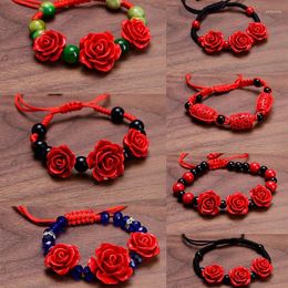 Charm Bracelets Korean Handmade Braided Rose Flower Bracelet For Women Girl Bohemia Lacquer Red Rope Beaded Fashion Party Jewelry Gifts