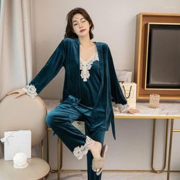 Home Clothing 3PCS Pyjamas Velour Nightwear Nightgown Sexy Robe&Pants&Tops Long Sleeve Wear Autumn Lace Pijamas Set Floral Sleepwear