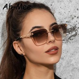 Sunglasses Women Rimless Cat Eye Eyewear Gradient Brown Cutting Lens Sun Glasses For Female Alloy Eyeglasses Brand Designer