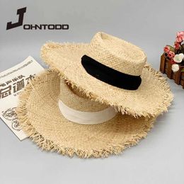 Wide Brim Hats Bucket New style womens oversized hat large 20cm Raffia Sun wide beach soft straw wholesale direct shipping Q240403