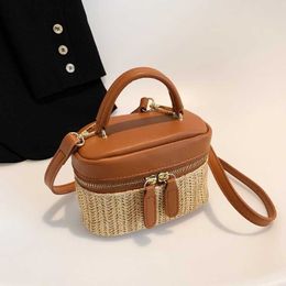 Daily Wear Beach Bags Grass Woven Bucket Bag Zipper Handheld Texture Vacation Sweet Makeup Box Contrast Colour Storage Women's