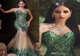 2019 Arabic Style Emerald Green Mermaid Evening Dresses Sexy Sheer Crew Neck Hand Sequins Elegant Said Mhamad Long Prom Gowns Part5770204