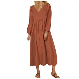 Casual Dresses Women's Summer And Autumn Fashion V-neck Cotton Linen Loose Sleeves Long Sleeve Dress