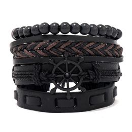 Charm Bracelets Rope Weave Braided Leather Bracelet Vintage Style Mti Layer Beaded Men Women Drop Delivery Otbhh