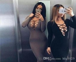 European Style Sexy Women Tight Dress Straps V Neckline Dress Long Sleeve Bodycon Dress Free Shipping2300699