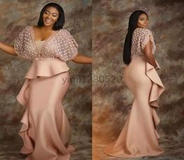 Aso Ebi Champagne Mermaid Evening Dresses V Neck Short Sleeve Ruffles Lace Plus Size Formal Prom Party Gowns Special Occasion Dres9036512