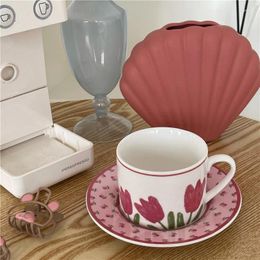 Cups Saucers Ins Retro Tulip Girl Ceramic Coffee Cup Sets Tea Mugs Handle Plate Cake Dishes Dessert Tray Tableware Supplies Gifts 250ml