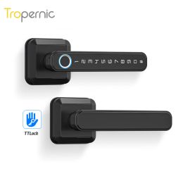 Lock Wireless Smart Blue Tooth Ttlock Door Handle Lock Biometric Fingerprint Password App Keyless Entry Lever Home Security Silver