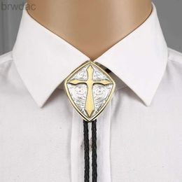 Bolo Ties Gold Romen shield cross pattrn bolo tie for man Indian cowboy western cowgirl leather rope zinc alloy necktie 240407