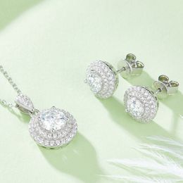 Real Moissanite Jewellery Set 925 Sterling Silver Sparking Round Diamond Pendants Necklace Hoop Earrings For Women Gift