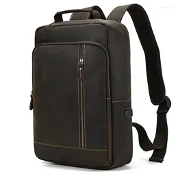 Backpack Men's Crazy Horse Leather 15.6" Laptop Cow Day-pack Large Capacity Male Travel With USB Cable