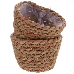 Vases 2 Pcs Straw Flower Pot Garden Baskets Outdoor Planter Storage Holder Planters Plants Ornaments Indoor Garbage Can