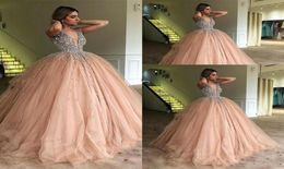 Luxury Bling Crystal Beading Ball Gown Quinceanera Dress Deep V Neck Champagne Puffy Tulle Sweet 16 Tulle Party Prom Evening Gowns4421928