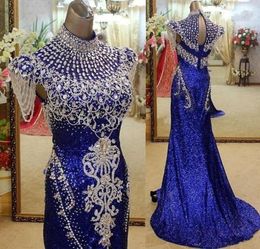 Sexy Royal Blue High Neck Mermaid Evening Dresses Party Elegant For Women Crystal Sequined Real Pos Red Carpet Celebrity Formal2264255