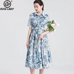 Party Dresses Women's Runway Turn Down Collar Short Sleeves Floral Printed Sash Belt European High Street Fashion Designer Vestidos