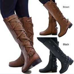 Womens Leather Boots Winter Large Back Strap Womens Shoes Belt Buckle Knight