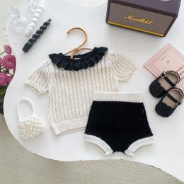 Clothing Sets 2024 Summer Toddler Girl Clothes Set Kids Hollow Out Short Sleeve T-Shirt Solid Knitted Sweater Top Shorts 2Pcs Baby Outfit