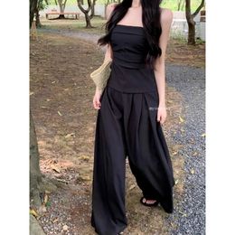 2024 Spring High Street Fashion Pleated Loose Casual Wide Leg Pants Women Sexy Backless Black Camisole Two-piece Suit 240326