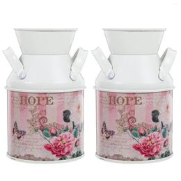 Vases 2 Pcs Glass Vase Flowers Bucket Table Decoration Iron Container Rural Handle Vintage Painting