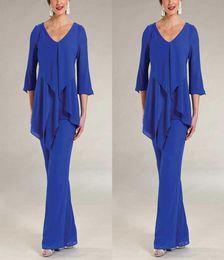 Two Pieces Chiffon Pant Suits For Mother Groom Dresses Evening Dress Wear 34 Sleeves Long Plus Size Formal Party Gowns1110366